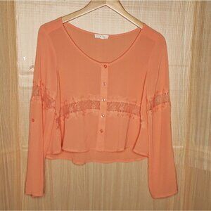Mine Womens Orange Cropped Roll Tab Blouse Medium